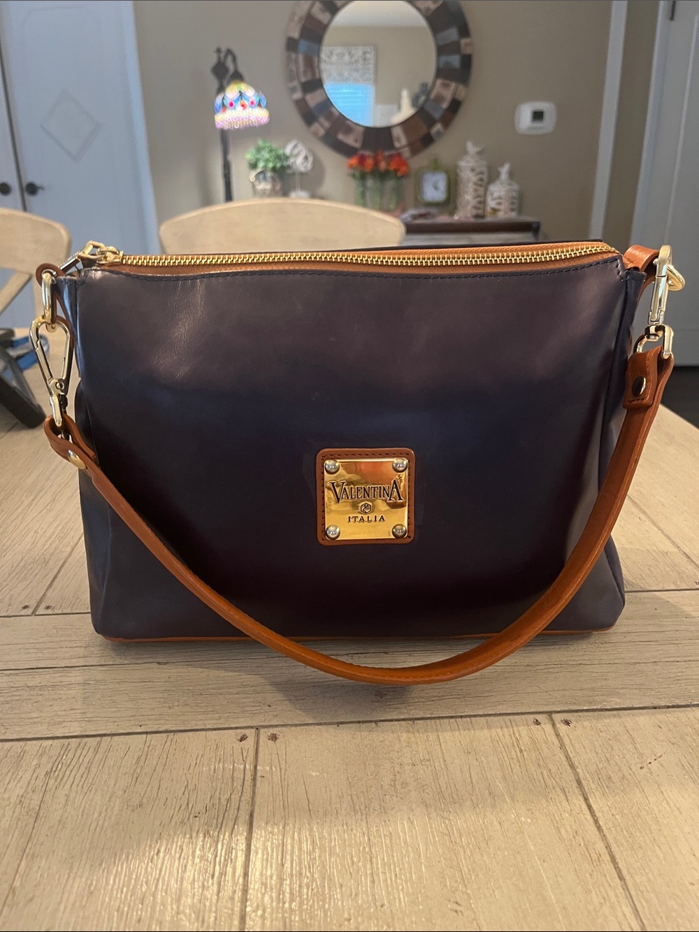 Valentina Leather Shoulder Bag with Tan Strap and Gold Plate